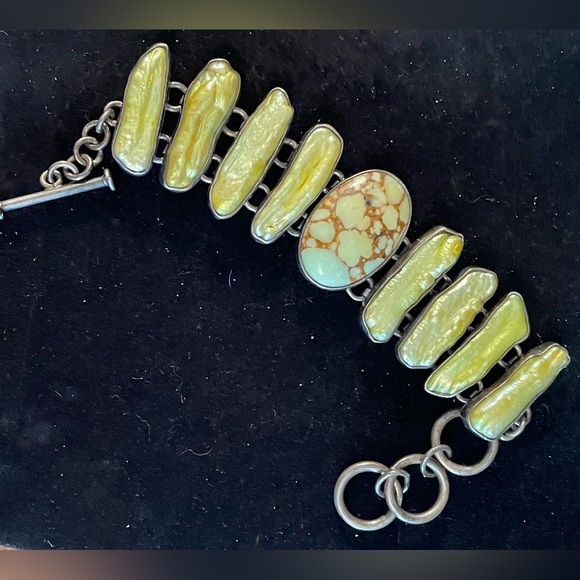 Rustic Artisan Sterling Silver 925 Green Pearl & Jasper Bracelet Vintage Unique